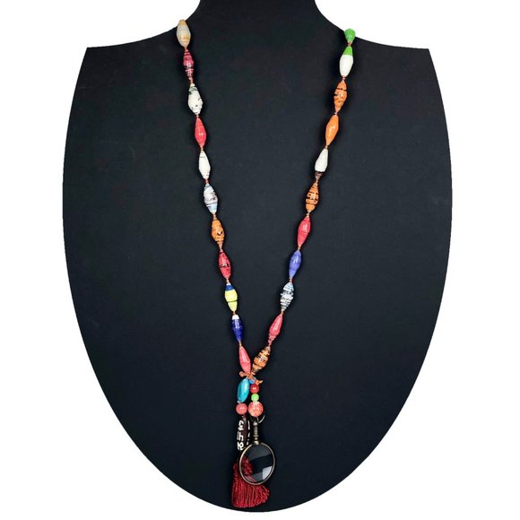 Paper Bead Necklace w Beaded Tassel & Monocle - Picture 5 of 5